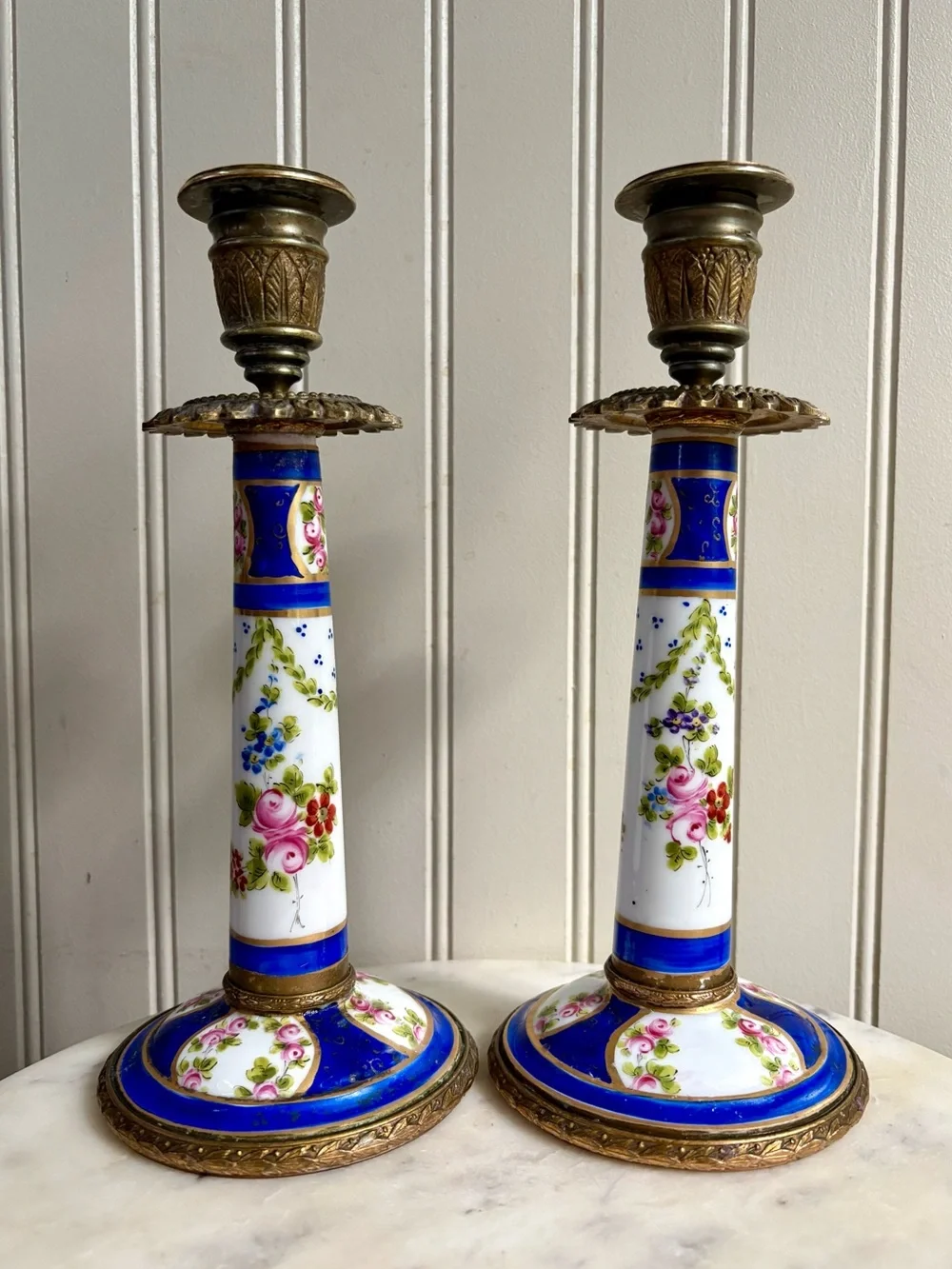 Antique L.P. Paris Sèvres-Style Porcelain & Bronze Hand-Painted Candlesticks VTG